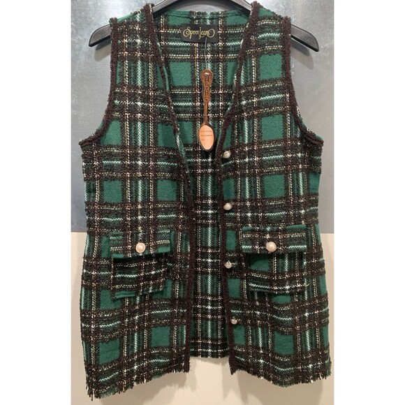 Spoon Jeans Green/Brown/Lurix Plaid Pearl Button Vest Women’s Size L NEW w/Tag - Picture 3 of 16